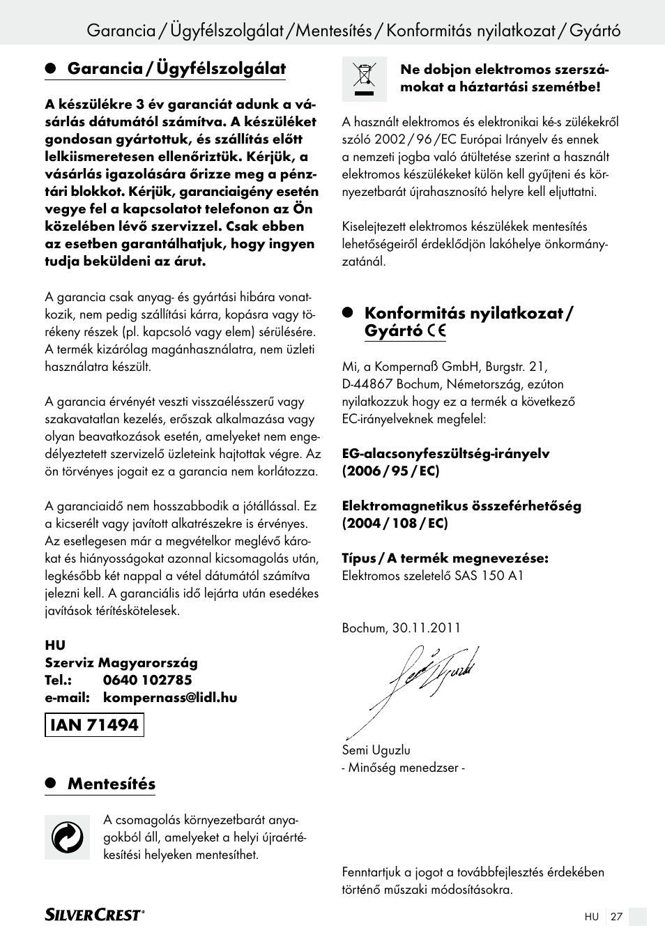 Garancia / ügyfélszolgálat, Mentesítés, Konformitás nyilatkozat / gyártó | Silvercrest SAS 150 A1 User Manual | Page 27 / 61