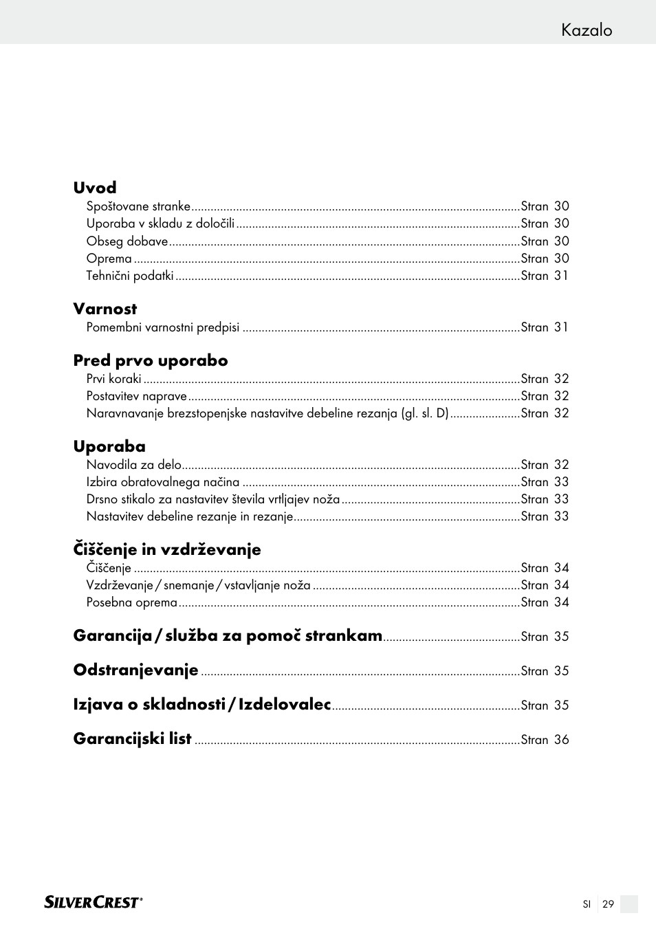 Kazalo | Silvercrest SAS 150 A1 User Manual | Page 29 / 61