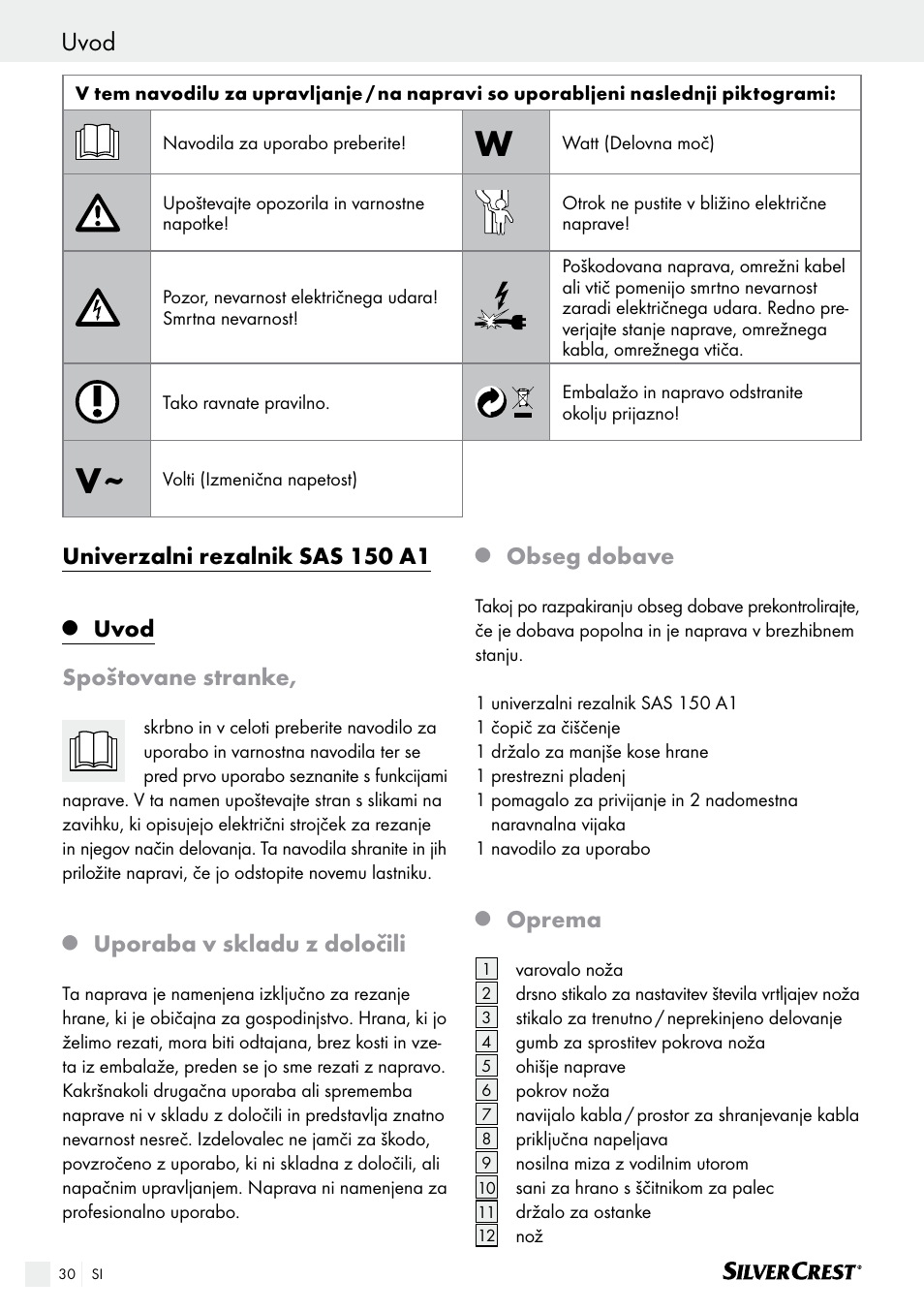 Uvod / varnost uvod, Univerzalni rezalnik sas 150 a1, Uvod spoštovane stranke | Uporaba v skladu z določili, Obseg dobave, Oprema | Silvercrest SAS 150 A1 User Manual | Page 30 / 61