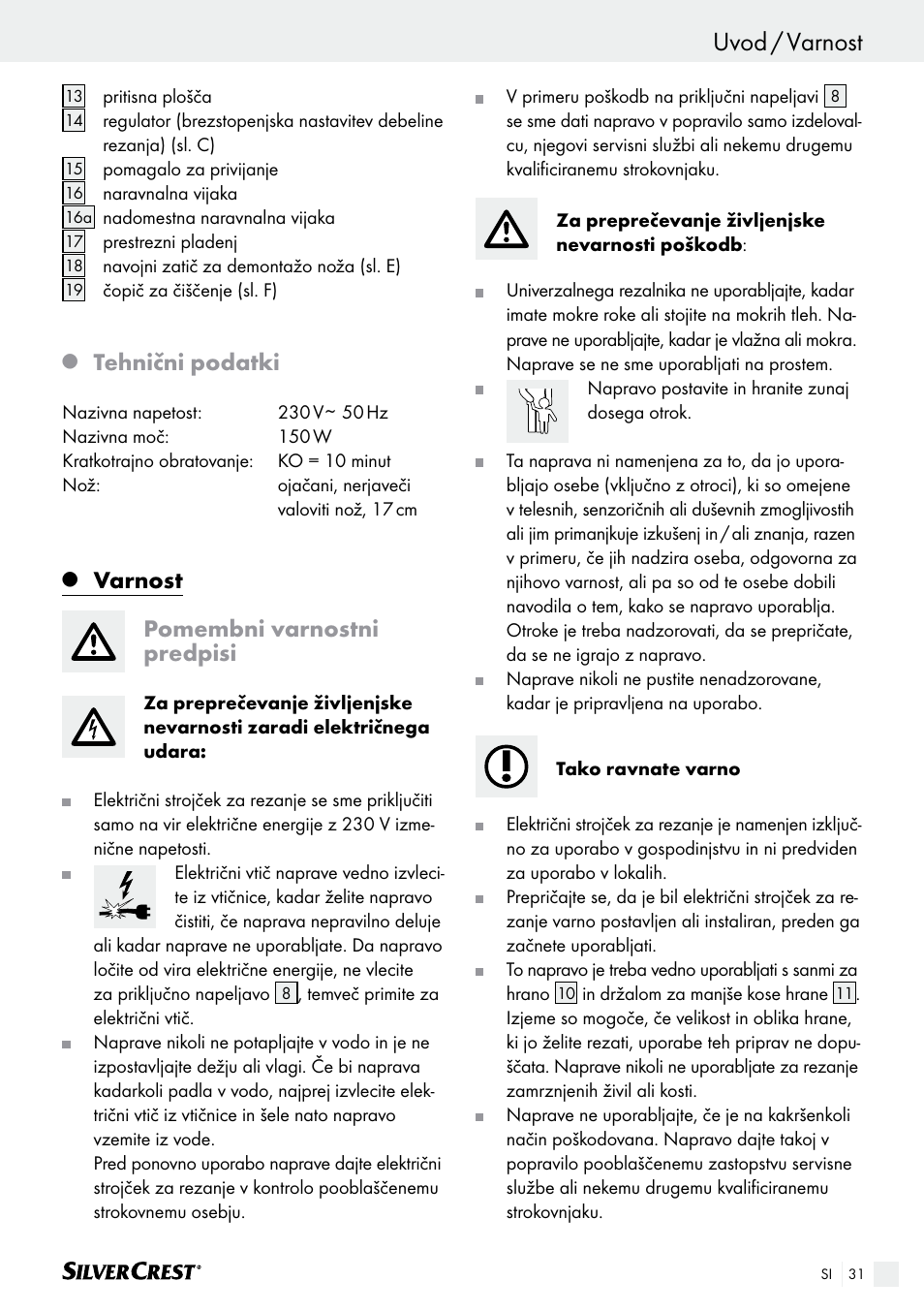 Uvod / varnost uvod, Tehnični podatki, Varnost pomembni varnostni predpisi | Silvercrest SAS 150 A1 User Manual | Page 31 / 61