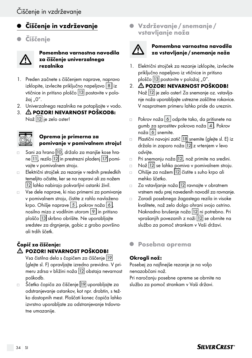 Čiščenje in vzdrževanje, Čiščenje, Vzdrževanje / snemanje / vstavljanje noža | Posebna oprema | Silvercrest SAS 150 A1 User Manual | Page 34 / 61