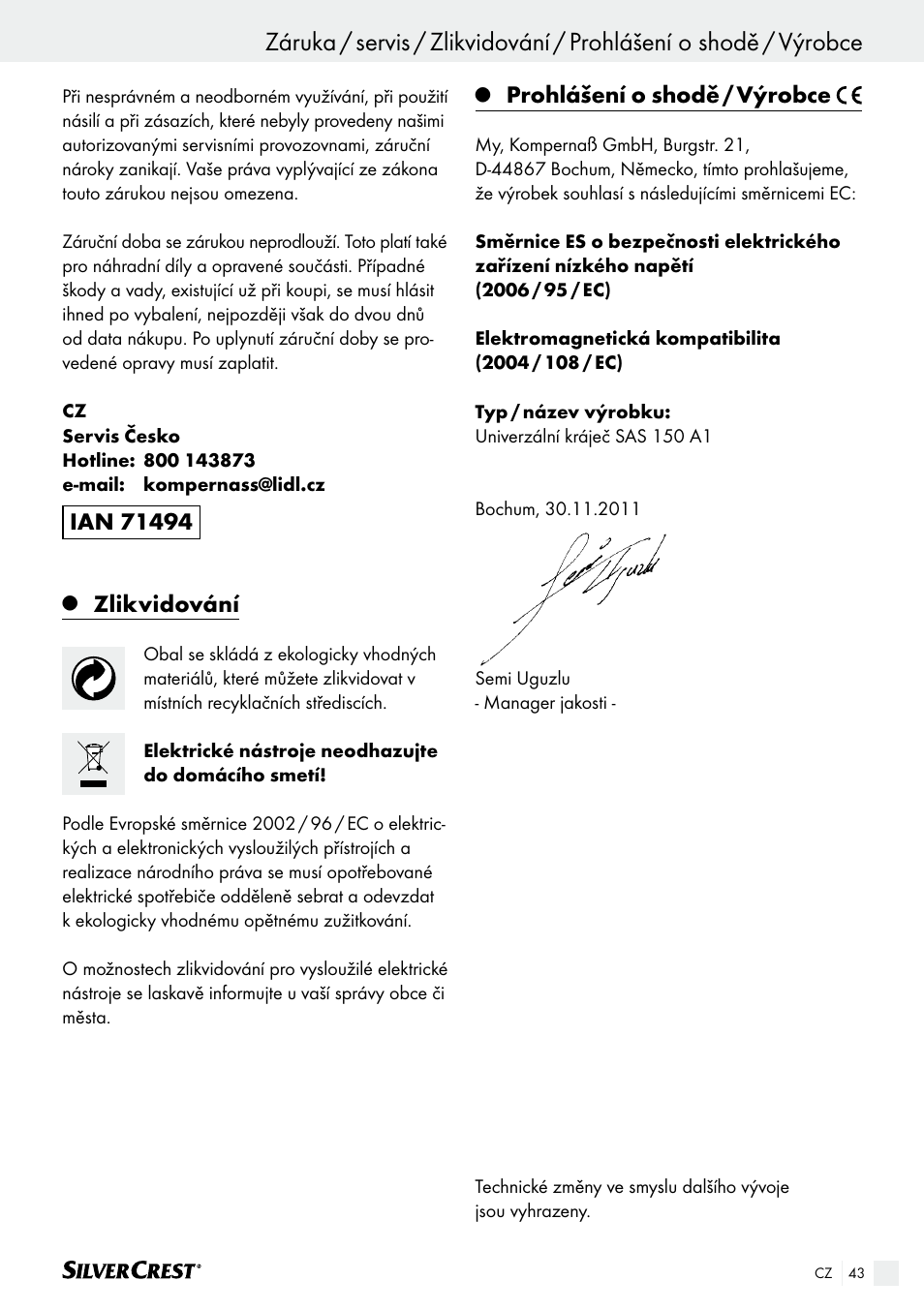 Zlikvidování, Prohlášení o shodě / výrobce | Silvercrest SAS 150 A1 User Manual | Page 43 / 61
