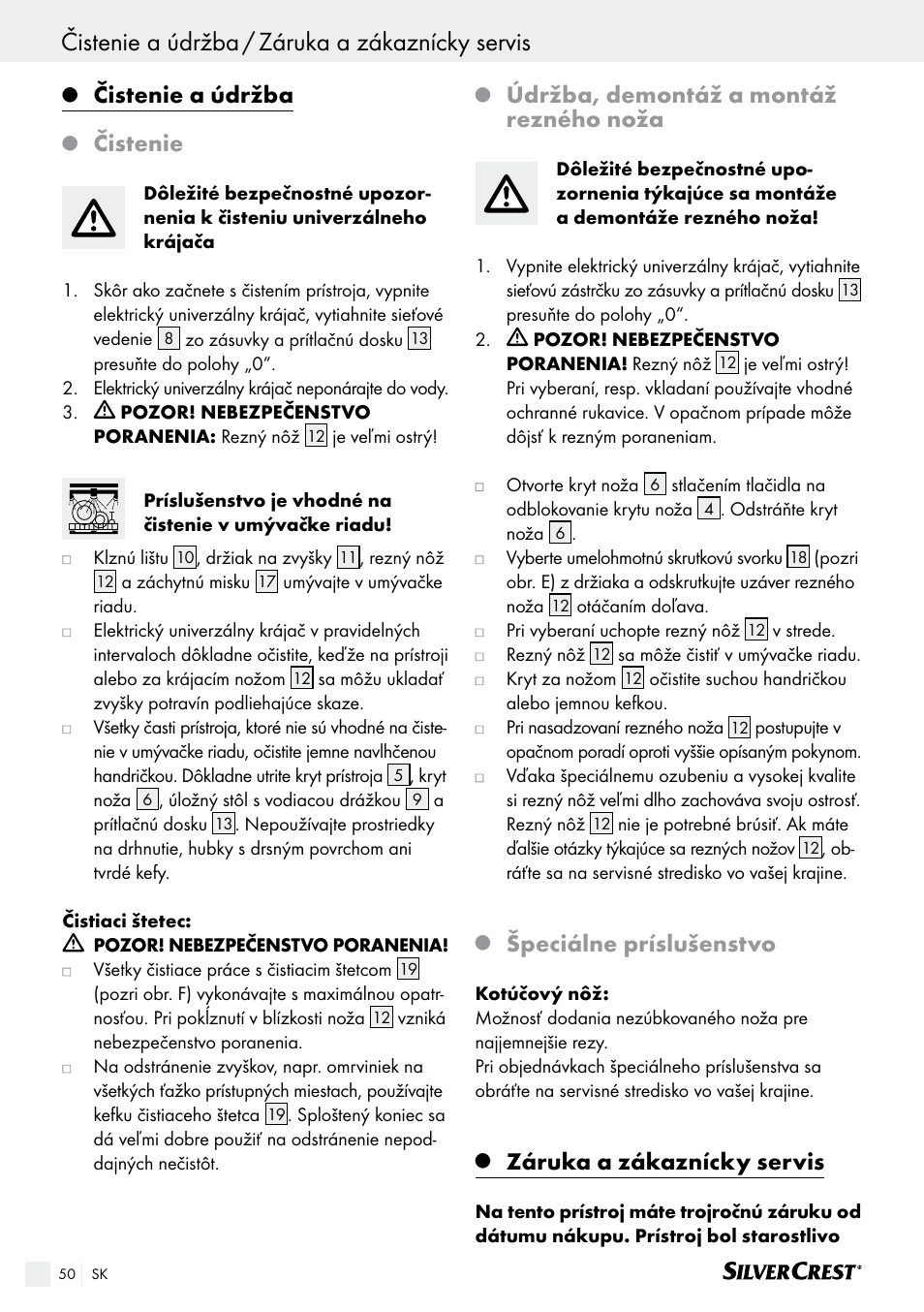 Čistenie a údržba, Čistenie, Údržba, demontáž a montáž rezného noža | Špeciálne príslušenstvo, Záruka a zákaznícky servis | Silvercrest SAS 150 A1 User Manual | Page 50 / 61