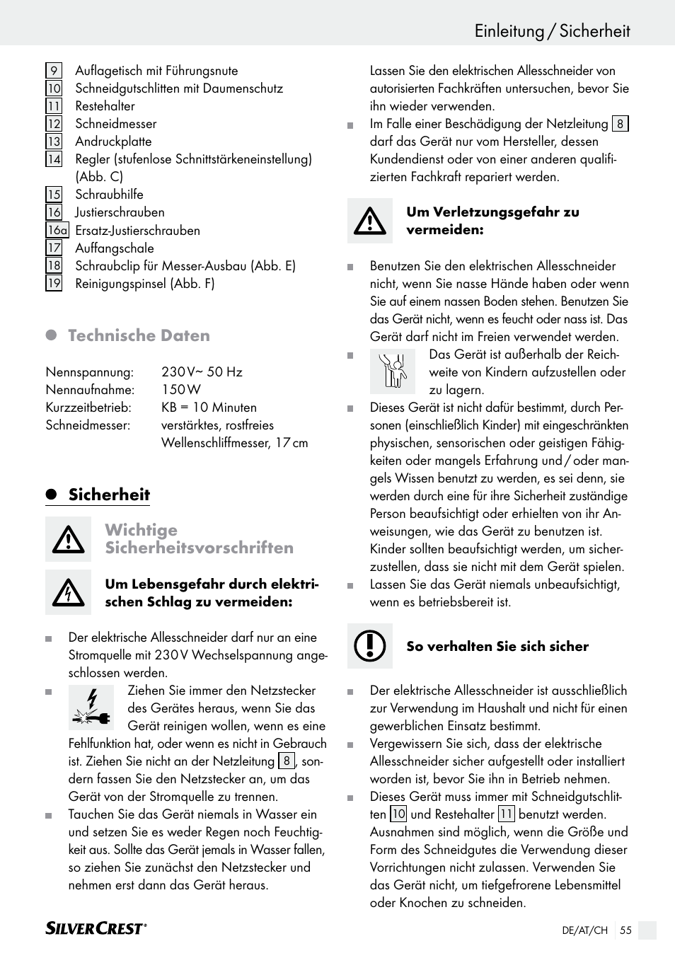 Einleitung / sicherheit einleitung, Technische daten, Sicherheit wichtige sicherheitsvorschriften | Silvercrest SAS 150 A1 User Manual | Page 55 / 61