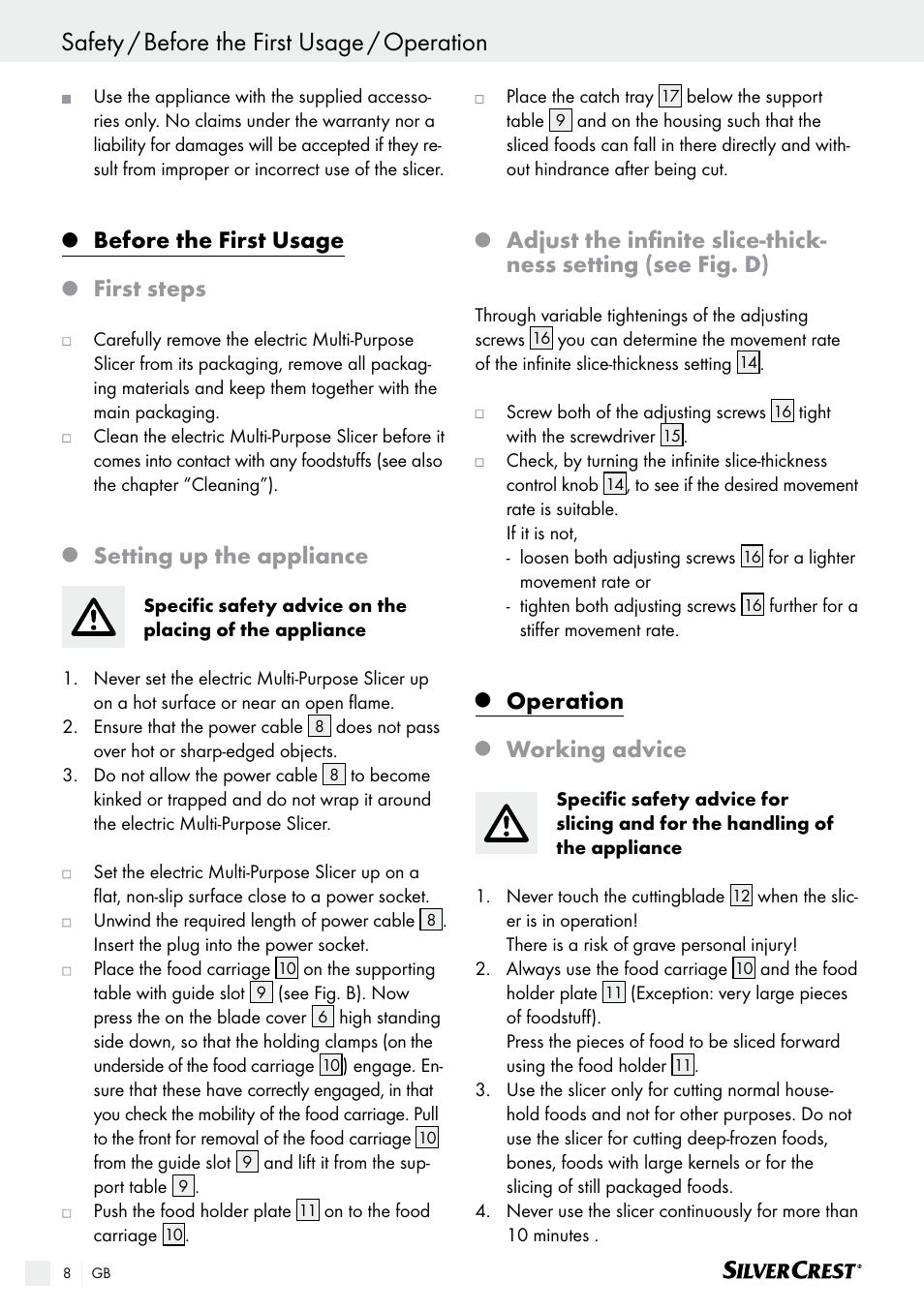 Before the first usage, First steps, Setting up the appliance | Operation, Working advice | Silvercrest SAS 150 A1 User Manual | Page 8 / 61
