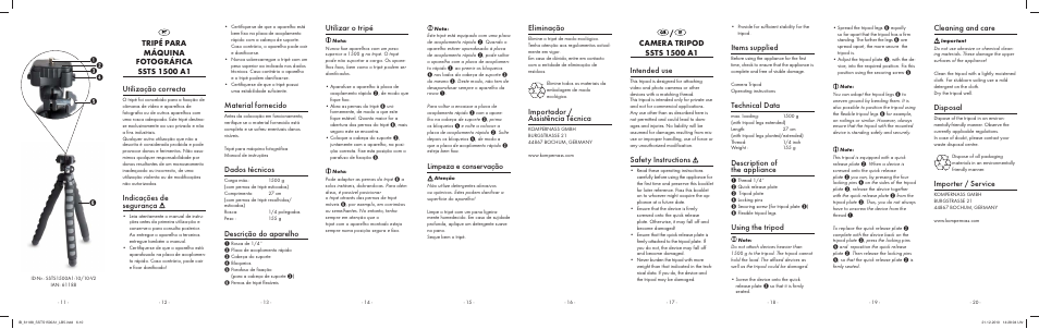 Limpeza e conservação, Eliminação, Importador / assistência técnica | Safety instructions, Items supplied, Technical data, Description of the appliance, Using the tripod, Utilizar o tripé, Material fornecido | Silvercrest SSTS 1500 A1 User Manual | Page 2 / 2