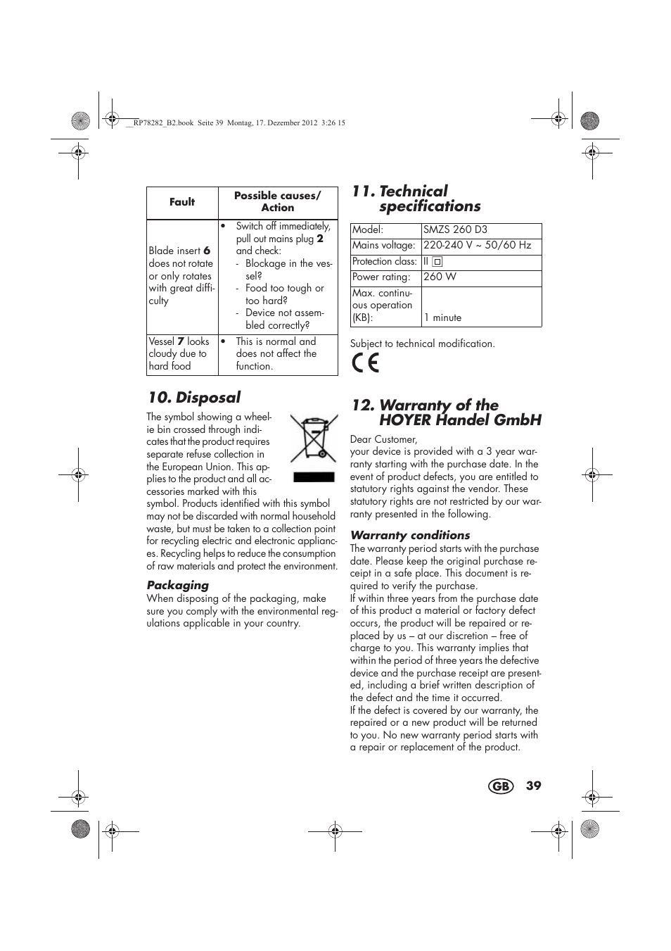 Disposal, Technical specifications, Warranty of the hoyer handel gmbh | Silvercrest SMZS 260 D3 User Manual | Page 41 / 46
