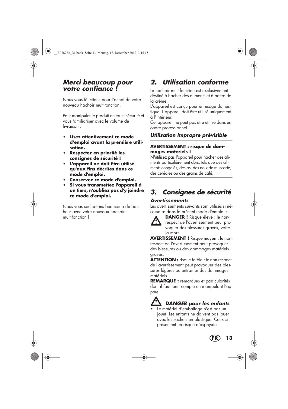 Merci beaucoup pour votre confiance, Utilisation conforme, Consignes de sécurité | Silvercrest SMZS 260 D3 User Manual | Page 15 / 54