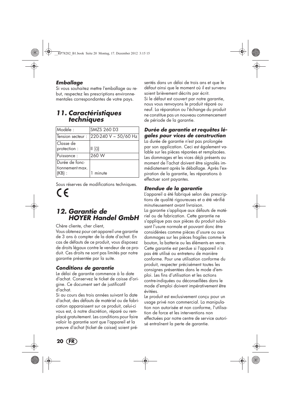 Caractéristiques techniques, Garantie de hoyer handel gmbh | Silvercrest SMZS 260 D3 User Manual | Page 22 / 54