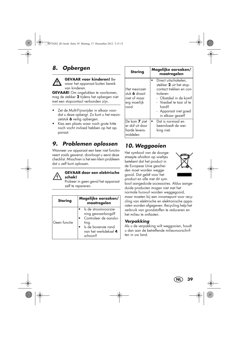 Opbergen, Problemen oplossen, Weggooien | Silvercrest SMZS 260 D3 User Manual | Page 41 / 54