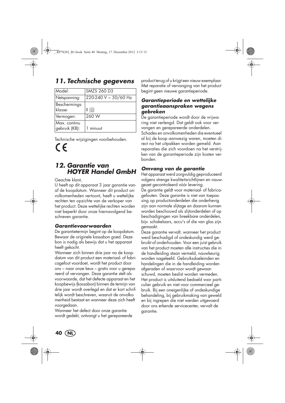 Technische gegevens, Garantie van hoyerhandel gmbh | Silvercrest SMZS 260 D3 User Manual | Page 42 / 54