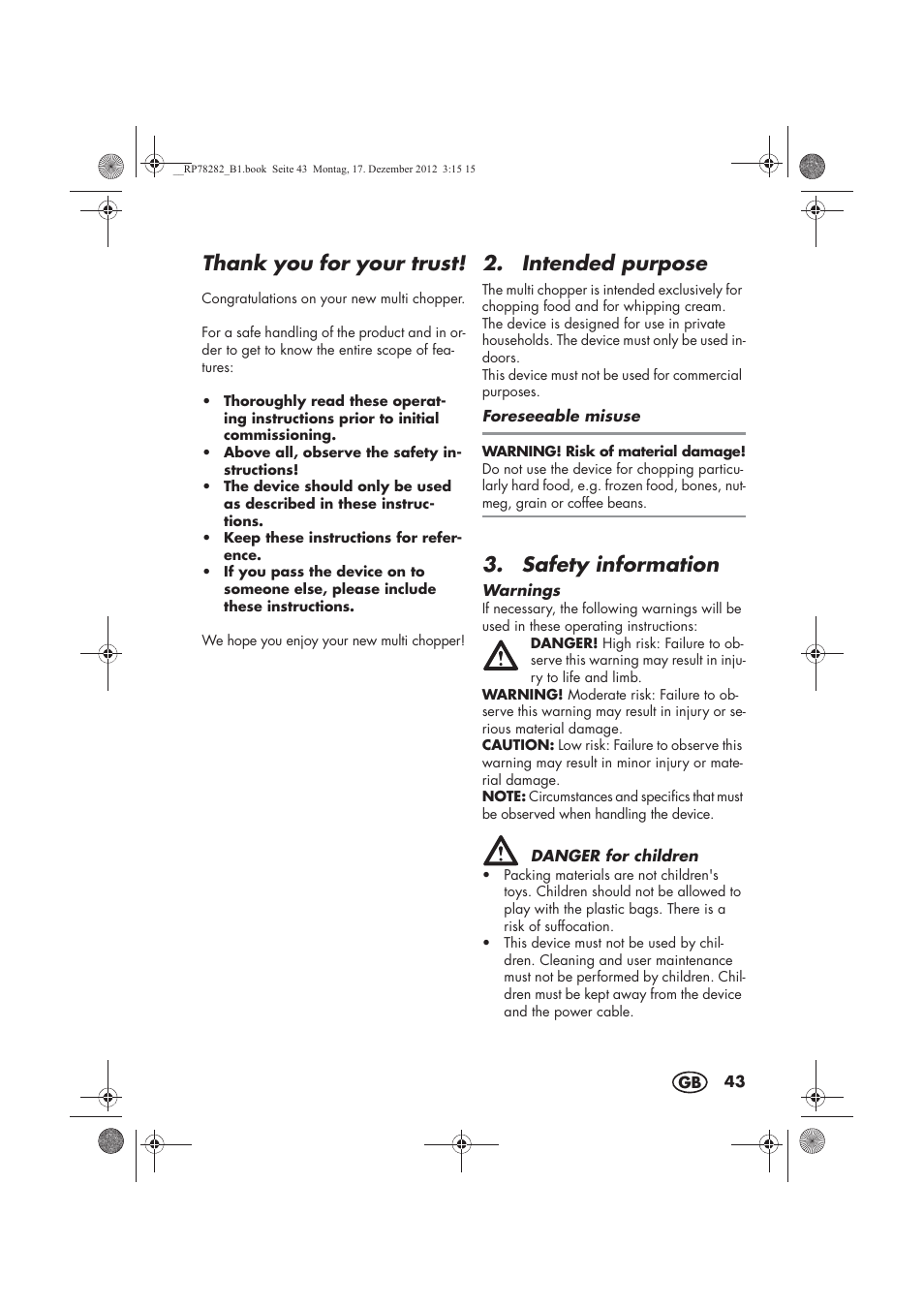 Intended purpose, Safety information | Silvercrest SMZS 260 D3 User Manual | Page 45 / 54