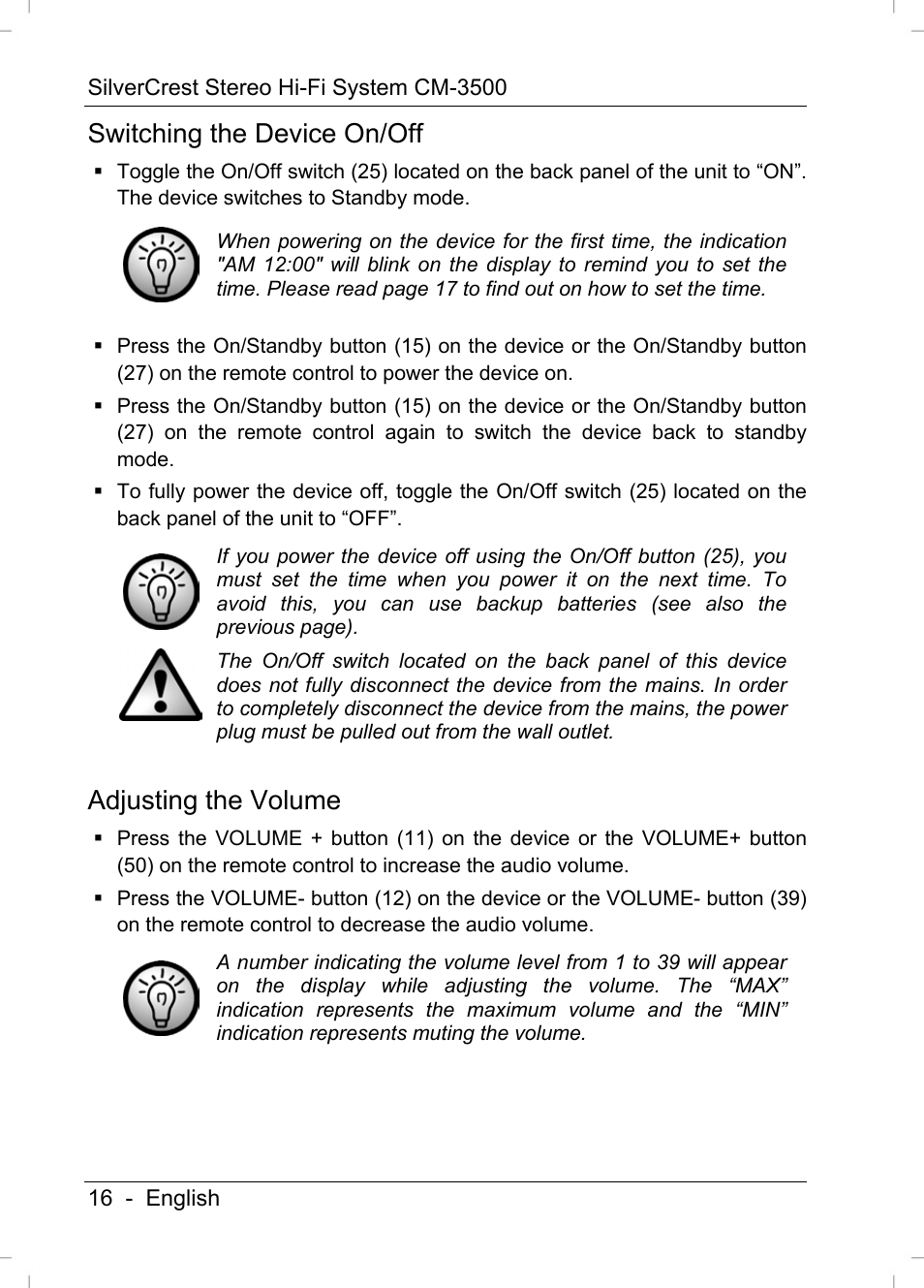 Switching the device on/off, Adjusting the volume | Silvercrest CM-3500 User Manual | Page 18 / 71