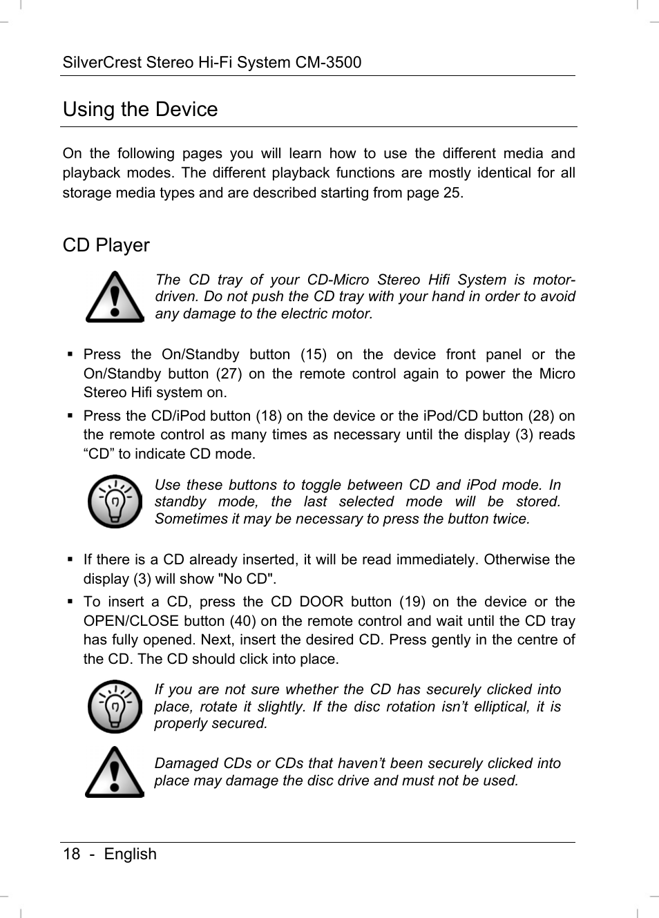 Using the device, Cd player | Silvercrest CM-3500 User Manual | Page 20 / 71