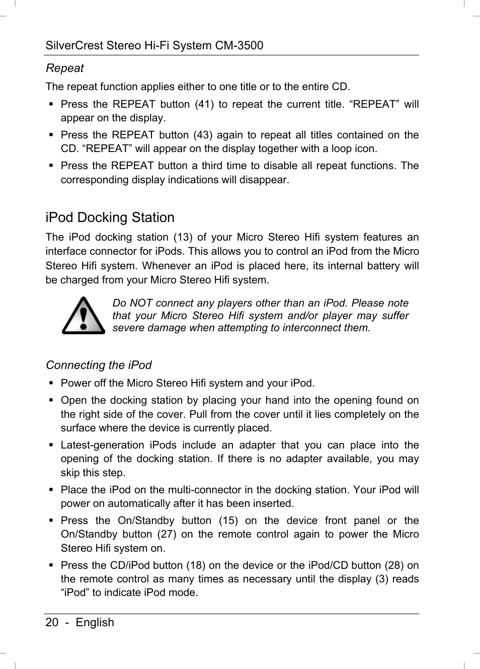 Ipod docking station | Silvercrest CM-3500 User Manual | Page 22 / 71