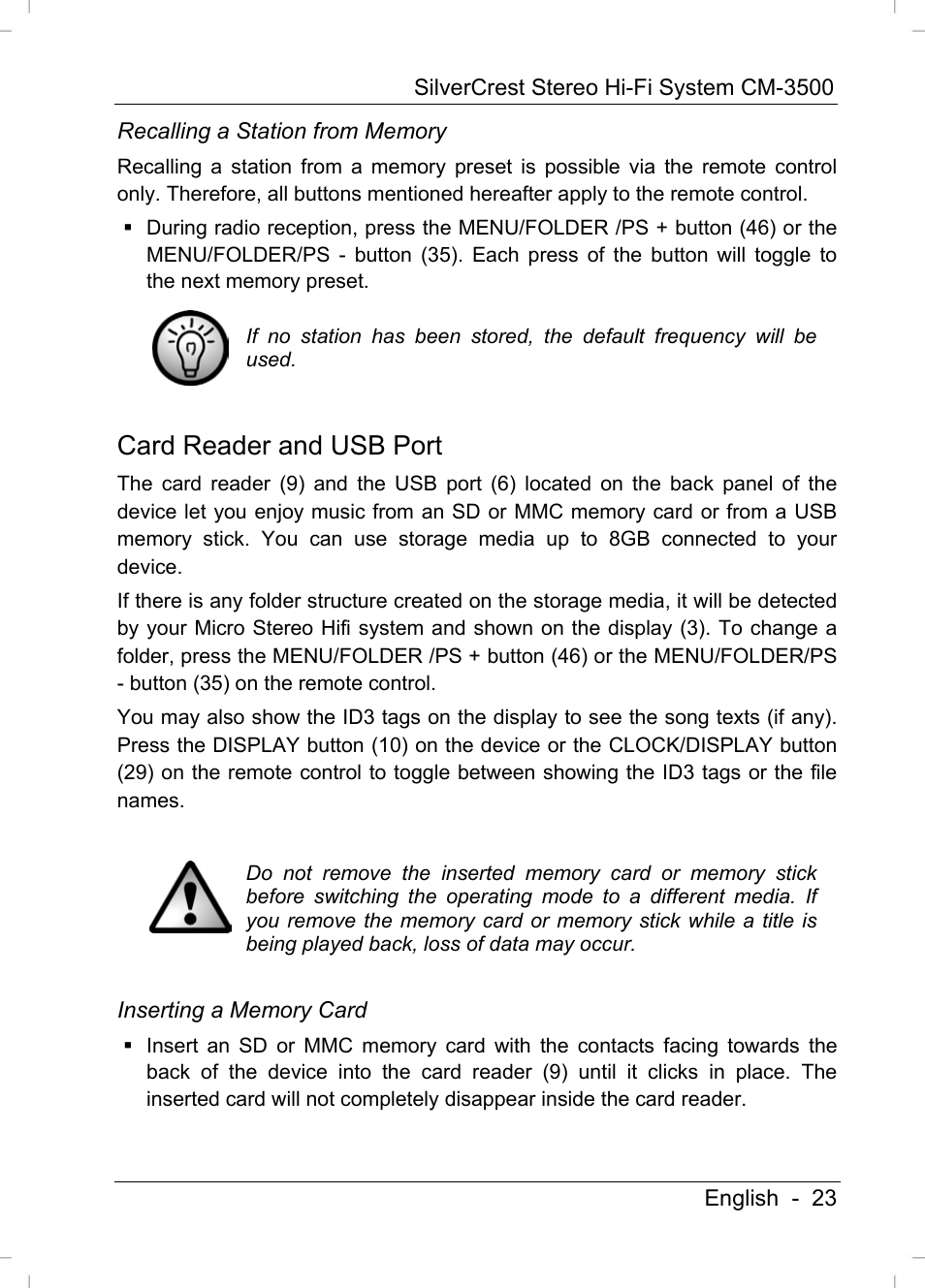 Card reader and usb port | Silvercrest CM-3500 User Manual | Page 25 / 71