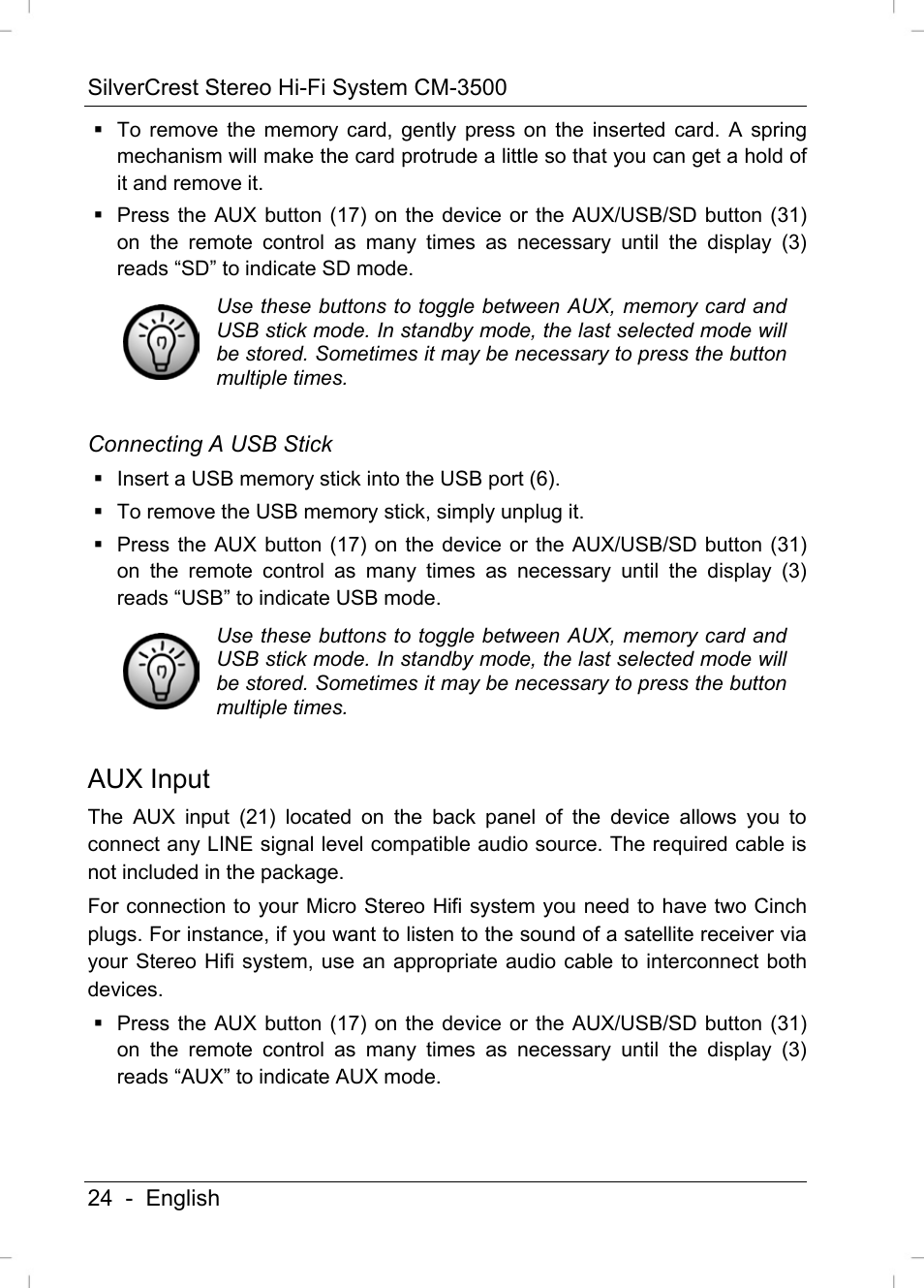 Aux input | Silvercrest CM-3500 User Manual | Page 26 / 71