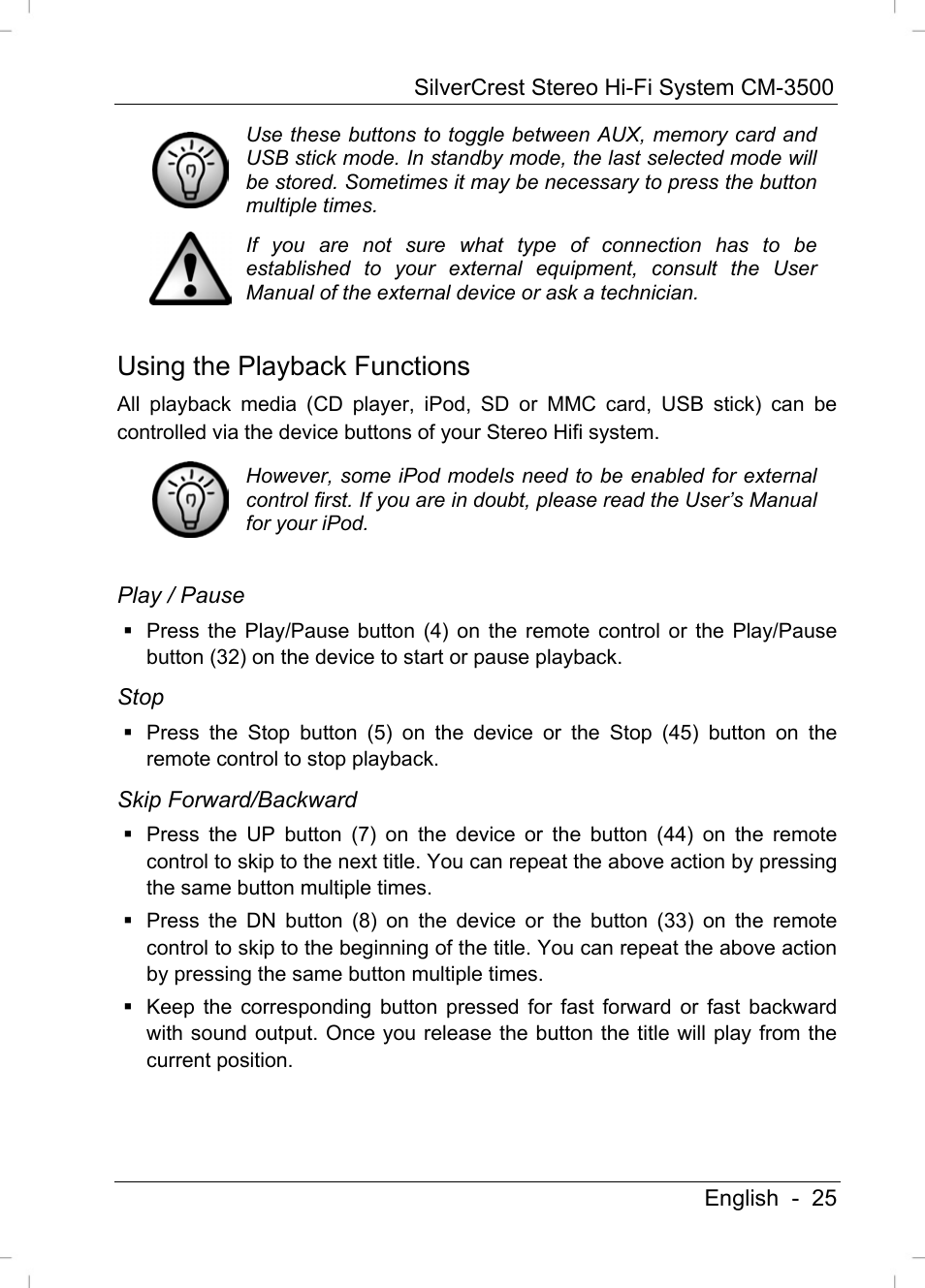 Using the playback functions | Silvercrest CM-3500 User Manual | Page 27 / 71