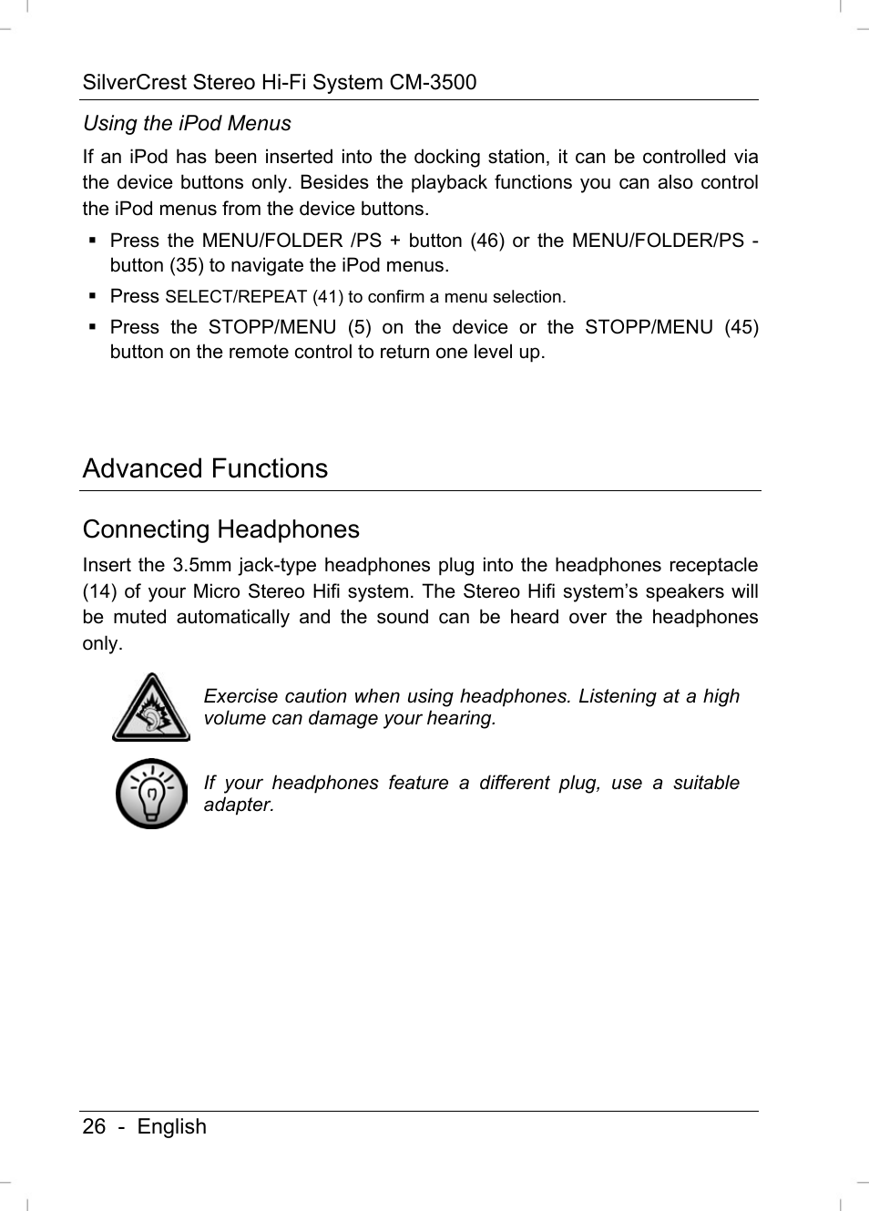 Advanced functions, Connecting headphones | Silvercrest CM-3500 User Manual | Page 28 / 71
