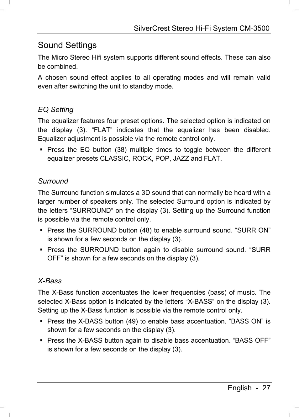 Sound settings | Silvercrest CM-3500 User Manual | Page 29 / 71