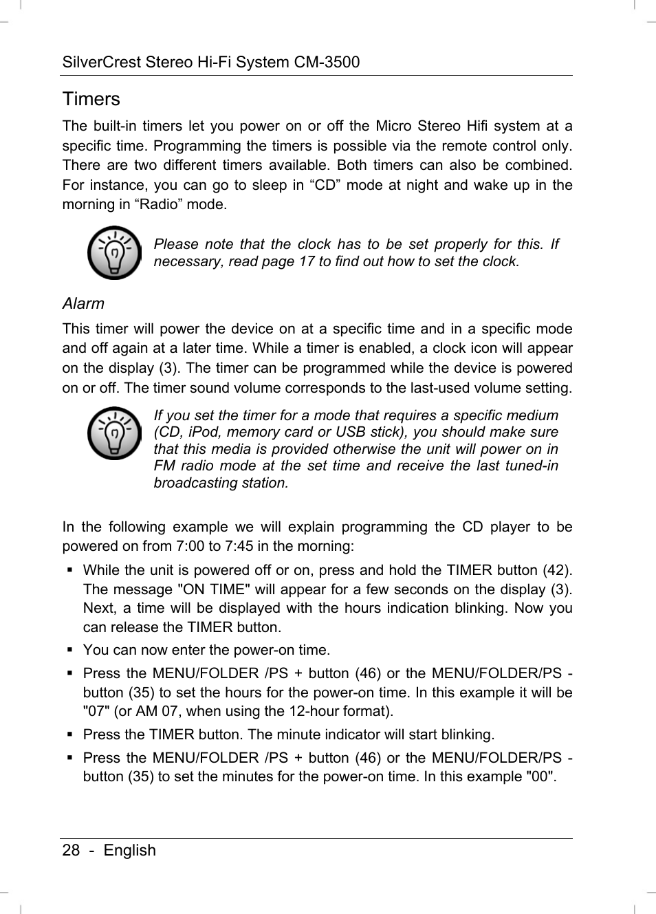 Timers | Silvercrest CM-3500 User Manual | Page 30 / 71