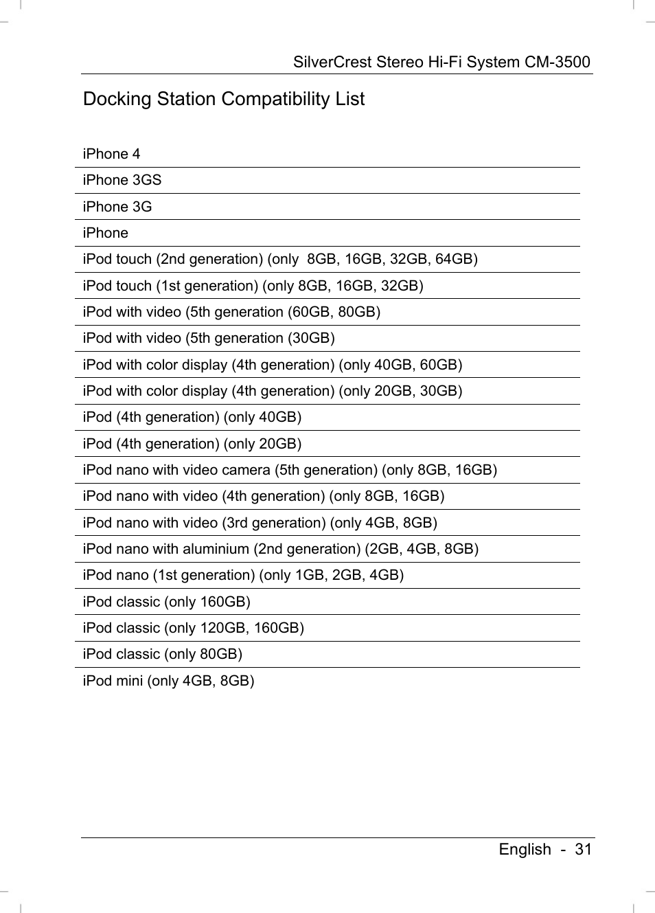 Docking station compatibility list | Silvercrest CM-3500 User Manual | Page 33 / 71
