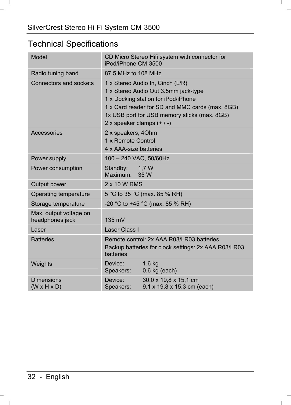 Technical specifications | Silvercrest CM-3500 User Manual | Page 34 / 71
