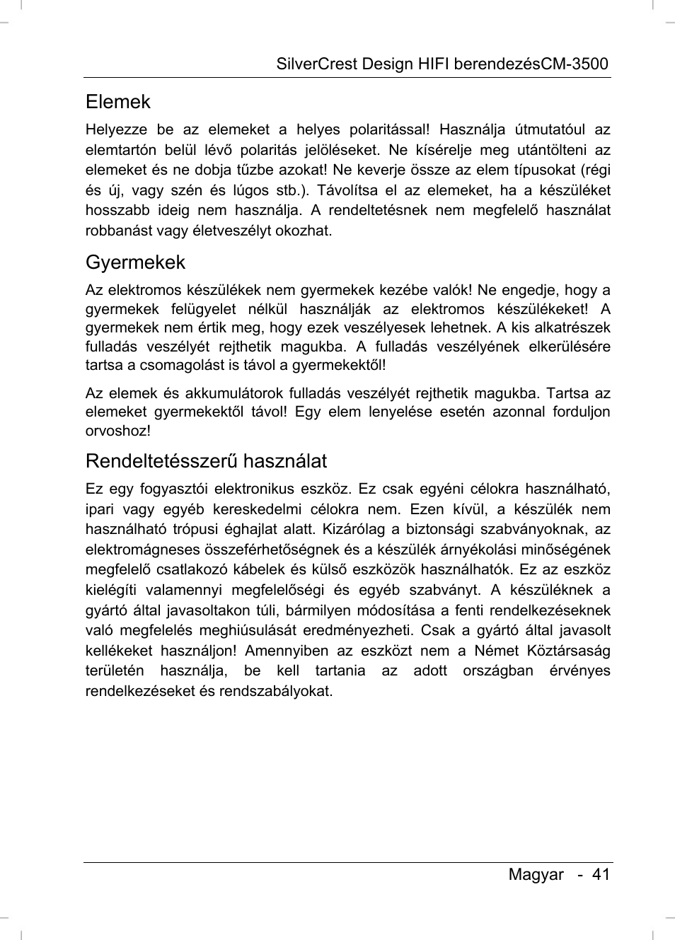 Elemek, Gyermekek, Rendeltetésszerű használat | Silvercrest CM-3500 User Manual | Page 43 / 71