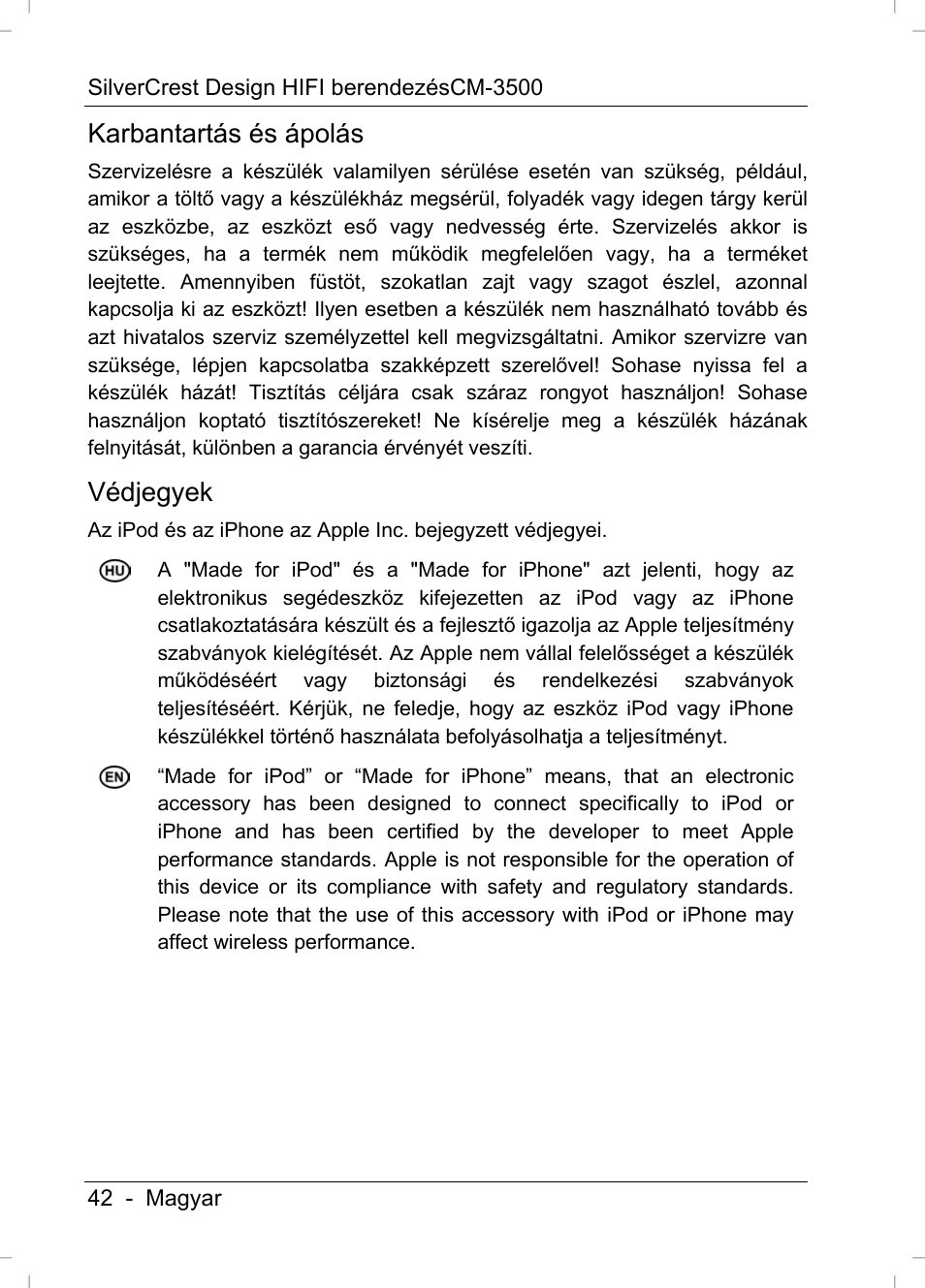 Karbantartás és ápolás, Védjegyek | Silvercrest CM-3500 User Manual | Page 44 / 71