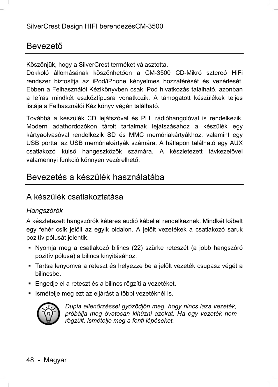 Bevezető, Bevezetés a készülék használatába, A készülék csatlakoztatása | Silvercrest CM-3500 User Manual | Page 50 / 71