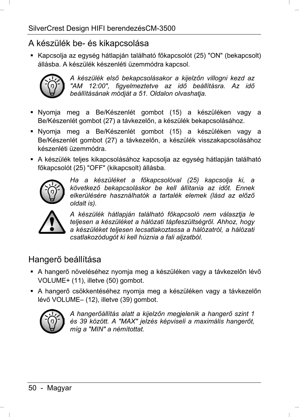 A készülék be- és kikapcsolása, Hangerő beállítása | Silvercrest CM-3500 User Manual | Page 52 / 71