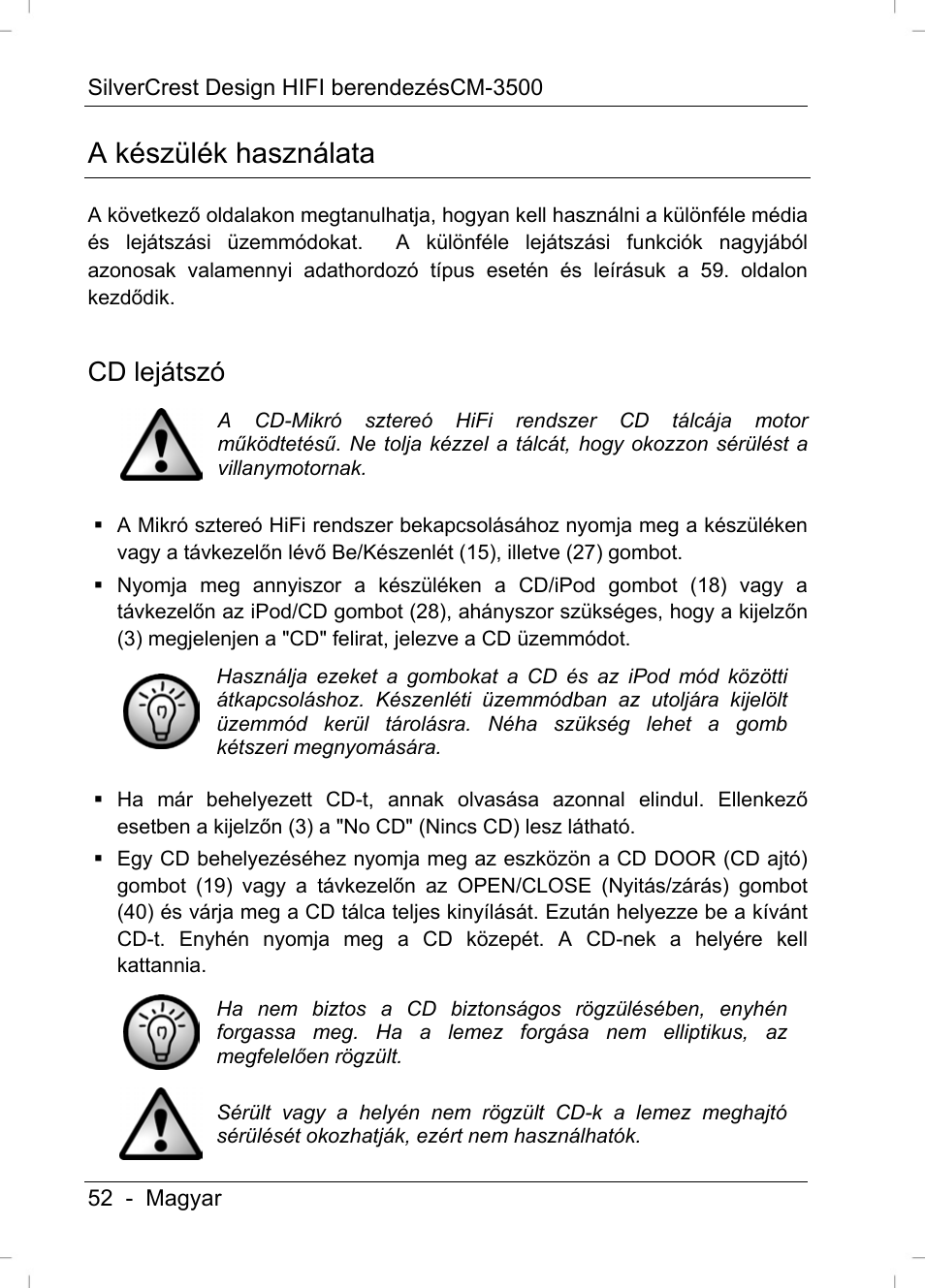A készülék használata, Cd lejátszó | Silvercrest CM-3500 User Manual | Page 54 / 71