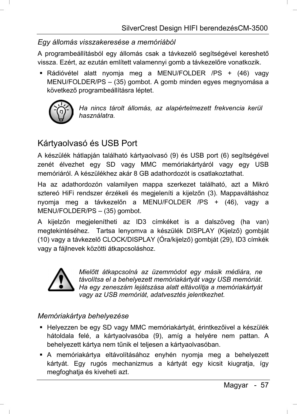 Kártyaolvasó és usb port | Silvercrest CM-3500 User Manual | Page 59 / 71