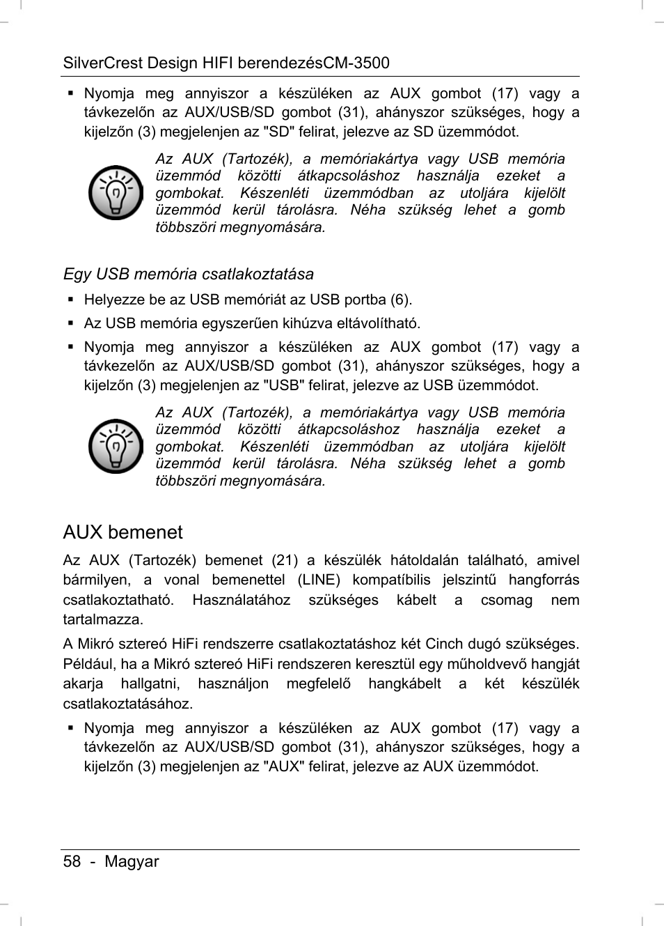 Aux bemenet | Silvercrest CM-3500 User Manual | Page 60 / 71