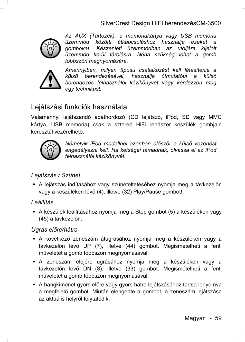 Lejátszási funkciók használata | Silvercrest CM-3500 User Manual | Page 61 / 71