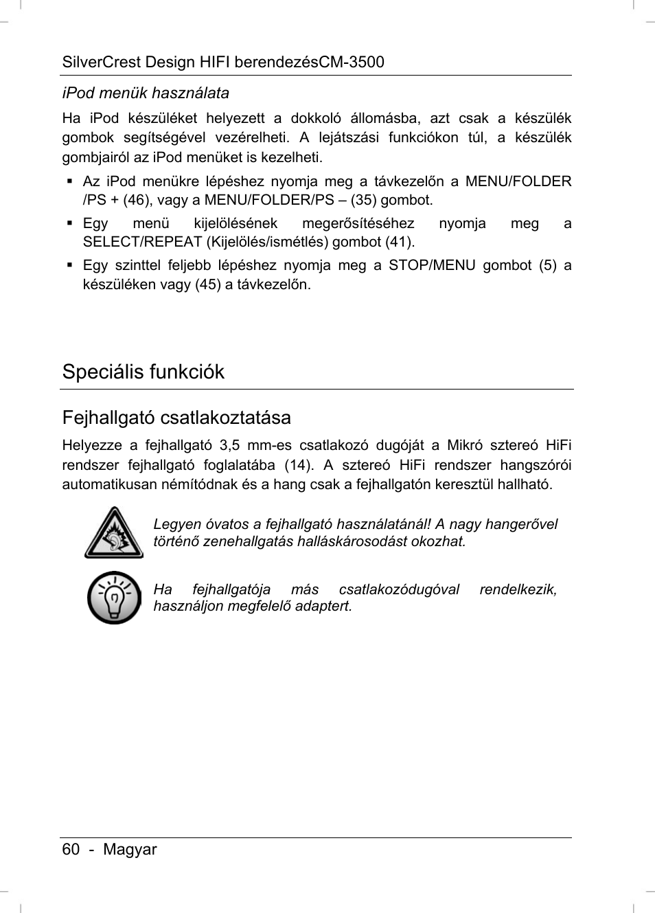Speciális funkciók, Fejhallgató csatlakoztatása | Silvercrest CM-3500 User Manual | Page 62 / 71