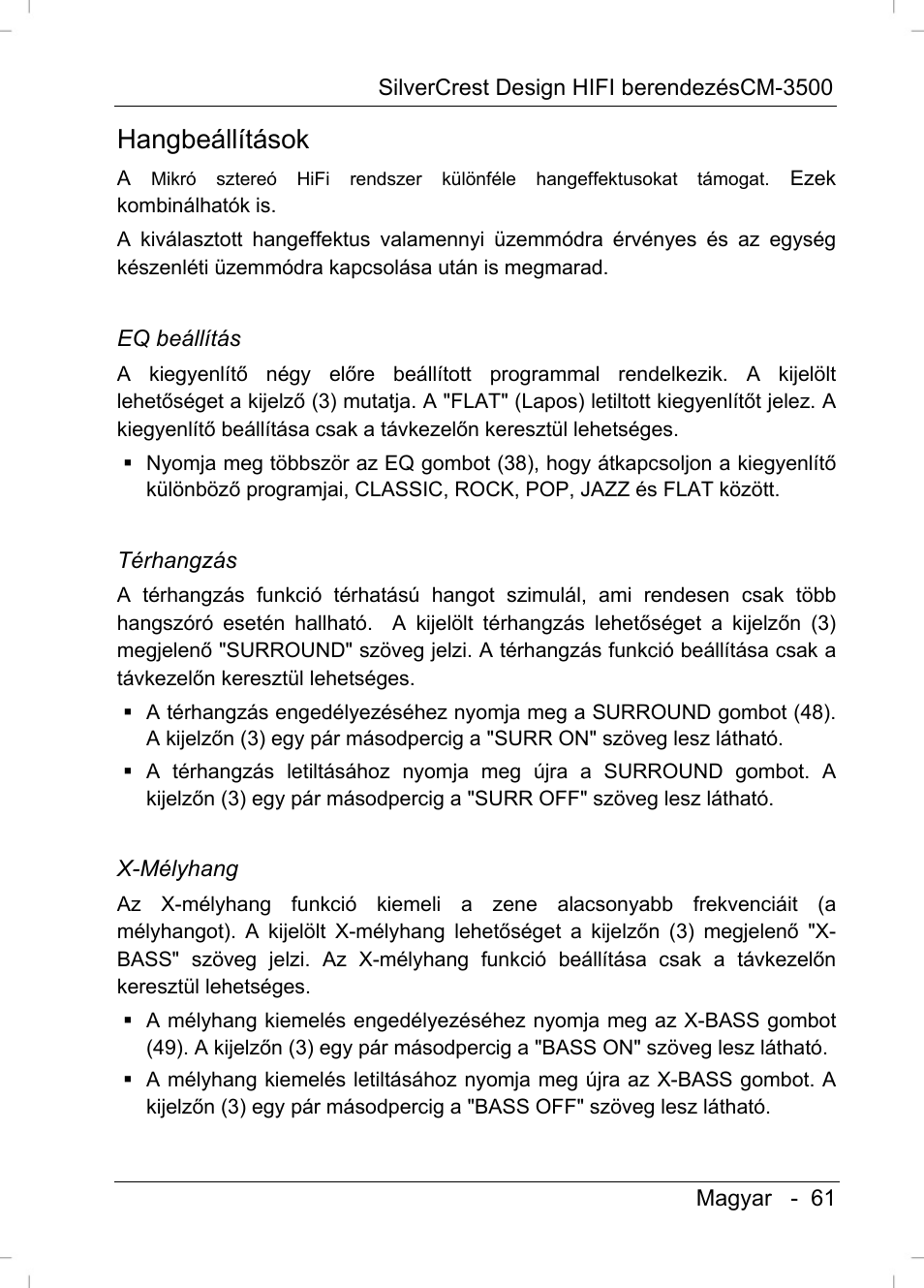 Hangbeállítások | Silvercrest CM-3500 User Manual | Page 63 / 71