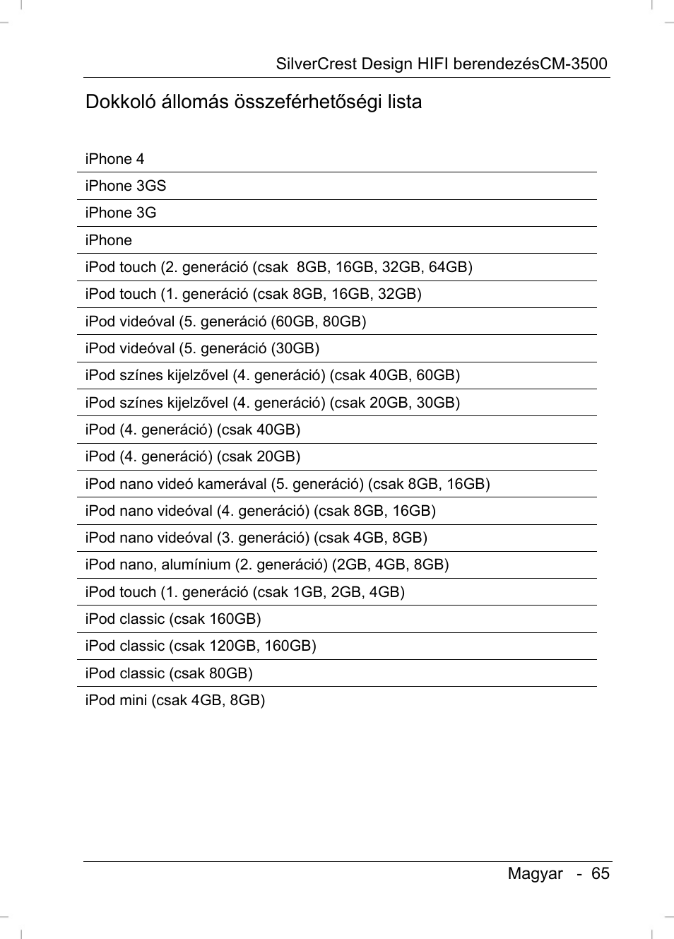 Dokkoló állomás összeférhetőségi lista | Silvercrest CM-3500 User Manual | Page 67 / 71