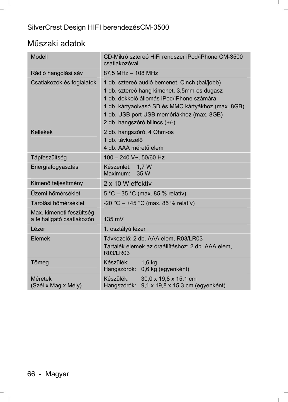 Műszaki adatok | Silvercrest CM-3500 User Manual | Page 68 / 71