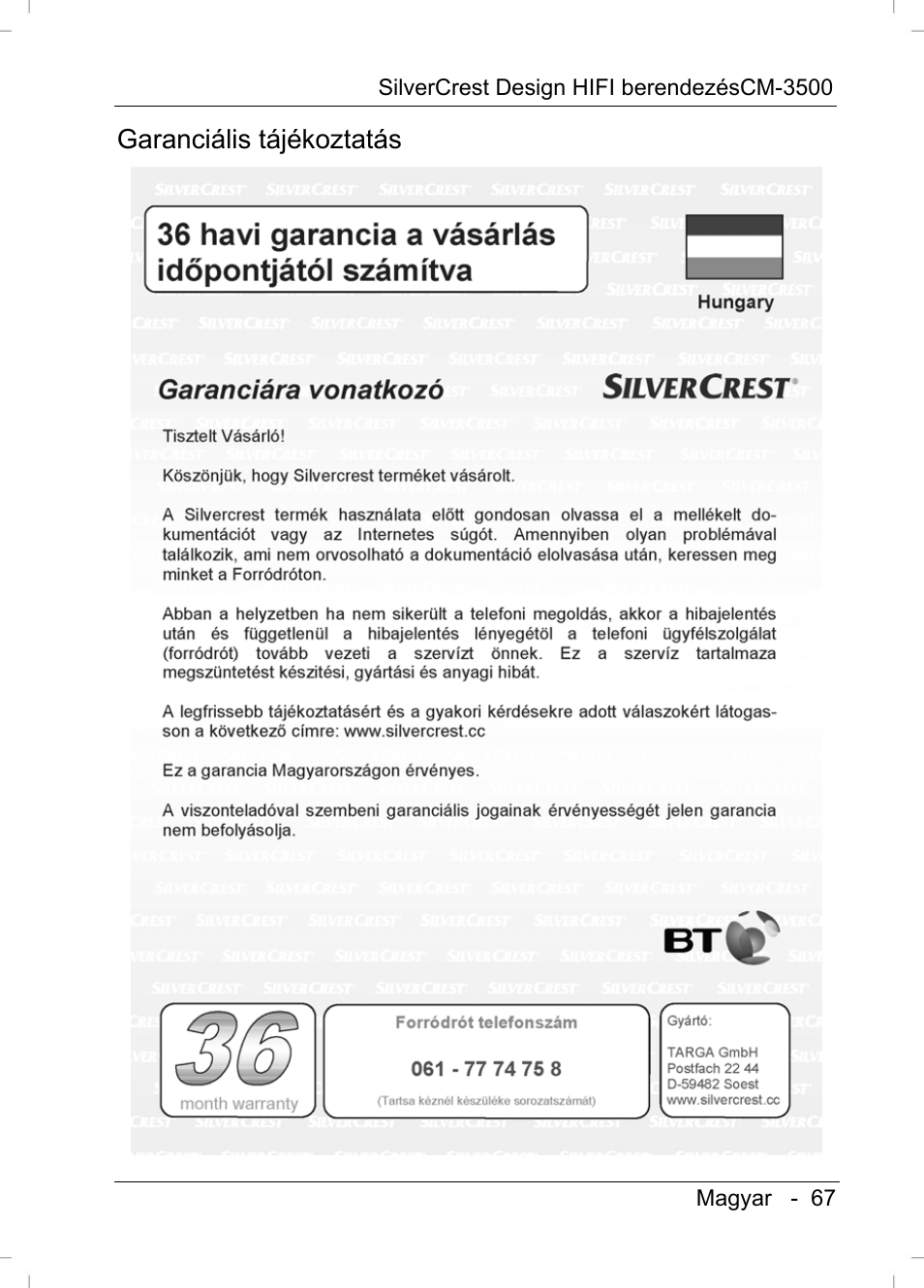 Garanciális tájékoztatás | Silvercrest CM-3500 User Manual | Page 69 / 71