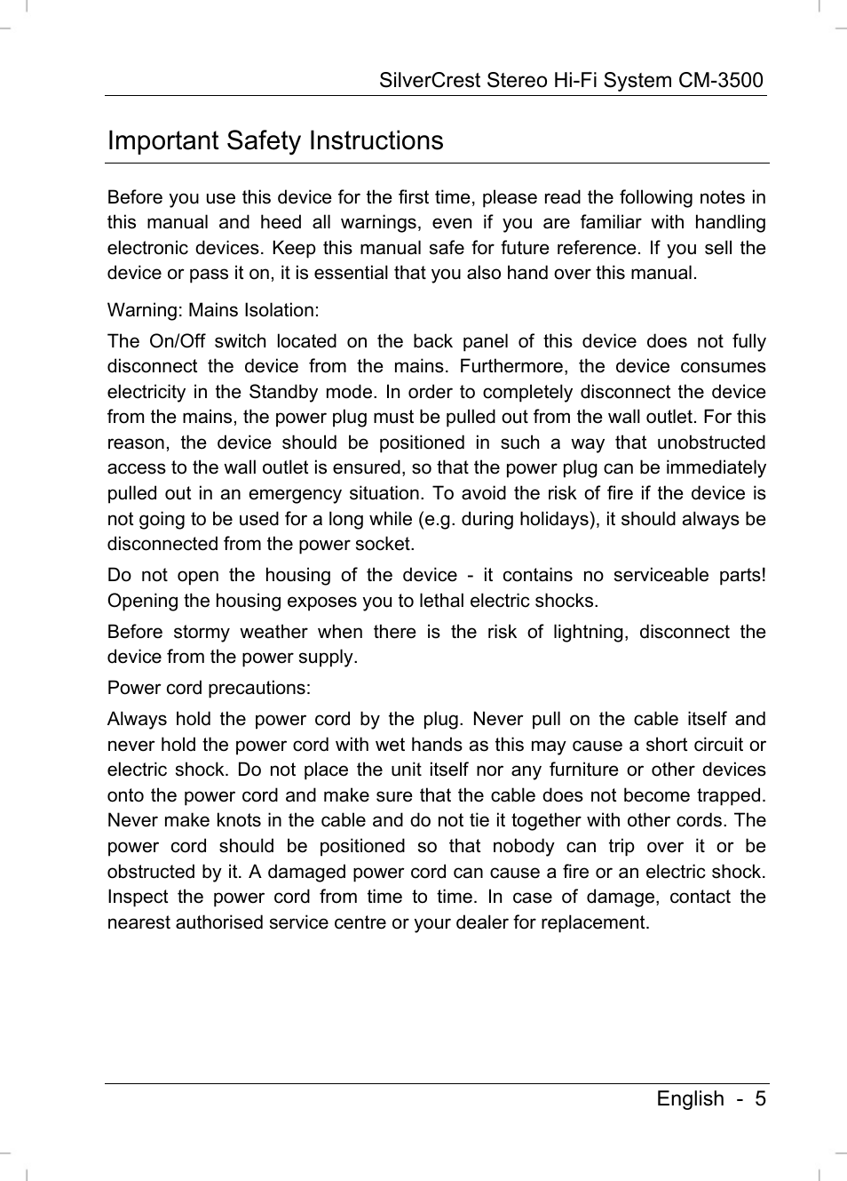 Important safety instructions | Silvercrest CM-3500 User Manual | Page 7 / 71