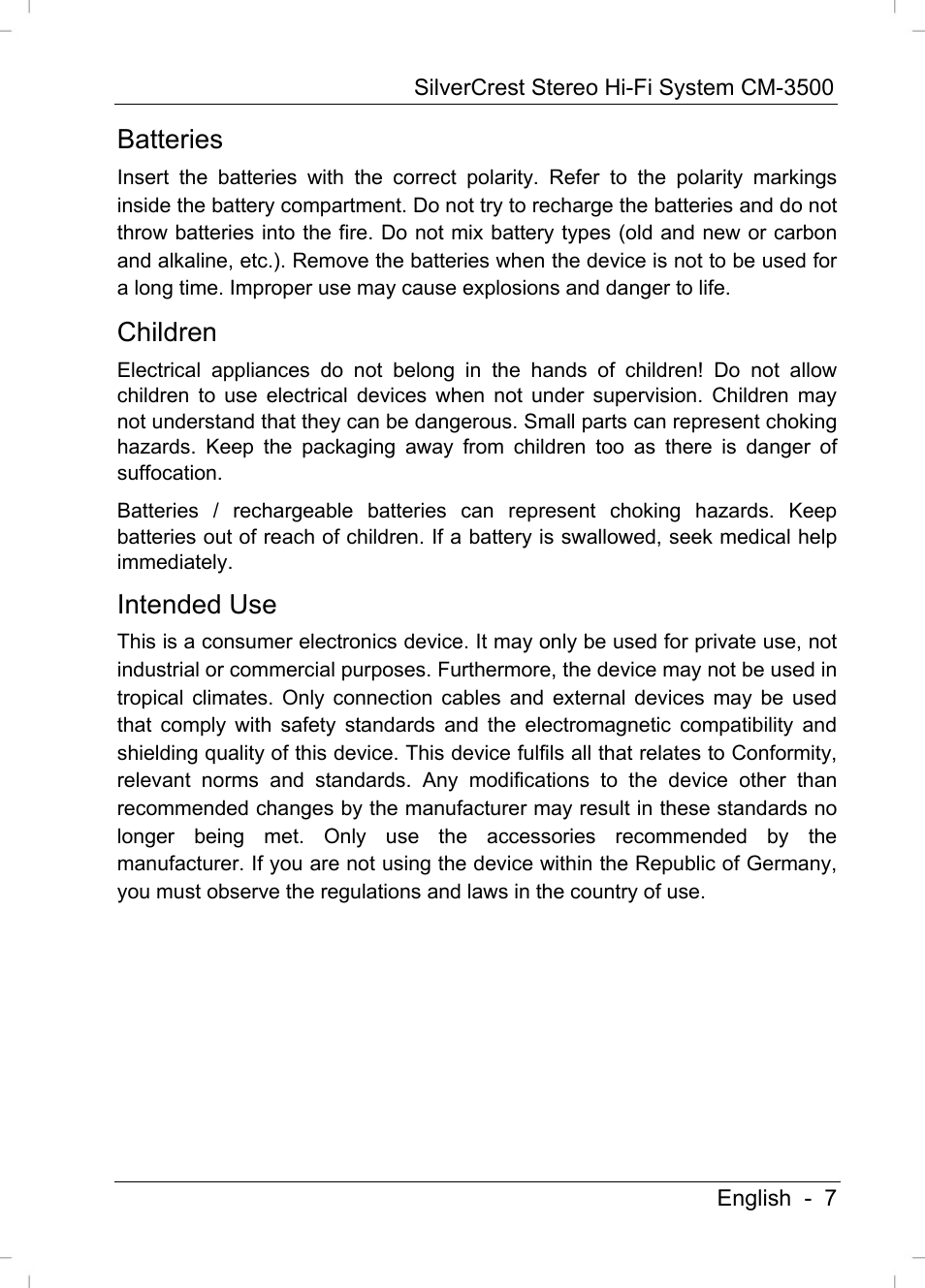 Batteries, Children, Intended use | Silvercrest CM-3500 User Manual | Page 9 / 71