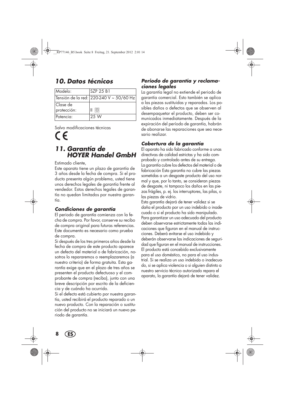 Datos técnicos, Garantía de hoyer handel gmbh | Silvercrest SZP 25 B1 User Manual | Page 10 / 46