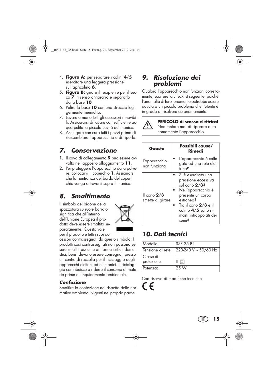 Conservazione, Smaltimento, Risoluzione dei problemi | Dati tecnici | Silvercrest SZP 25 B1 User Manual | Page 17 / 46