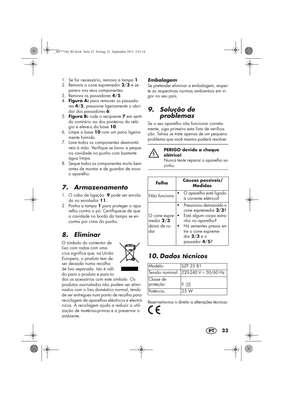 Armazenamento, Eliminar, Solução de problemas | Dados técnicos | Silvercrest SZP 25 B1 User Manual | Page 25 / 46