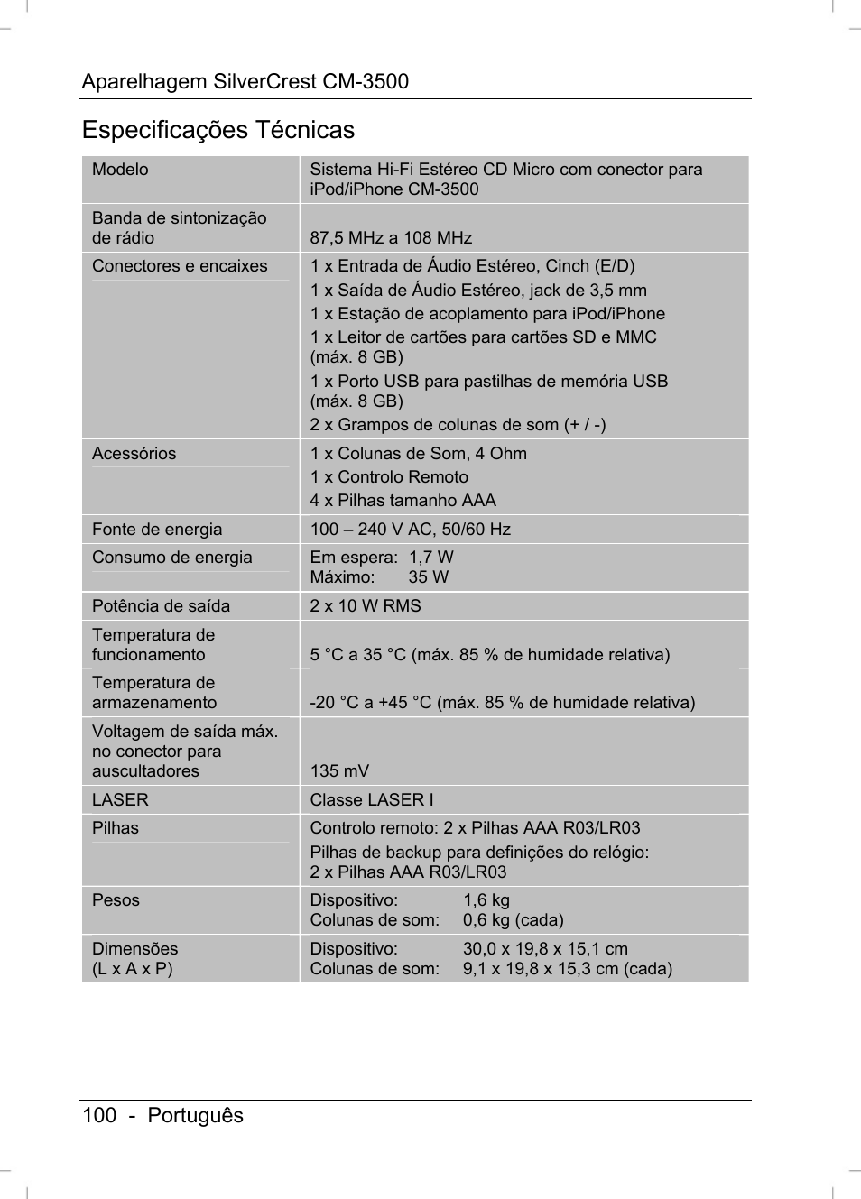 Especificações técnicas | Silvercrest CM-3500 User Manual | Page 102 / 141