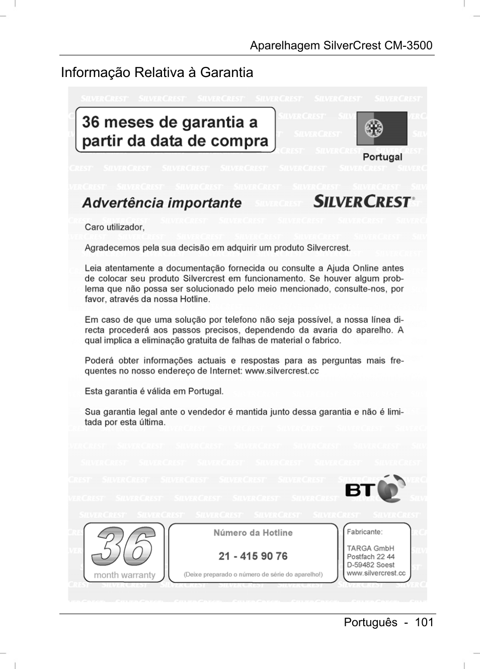 Informação relativa à garantia | Silvercrest CM-3500 User Manual | Page 103 / 141