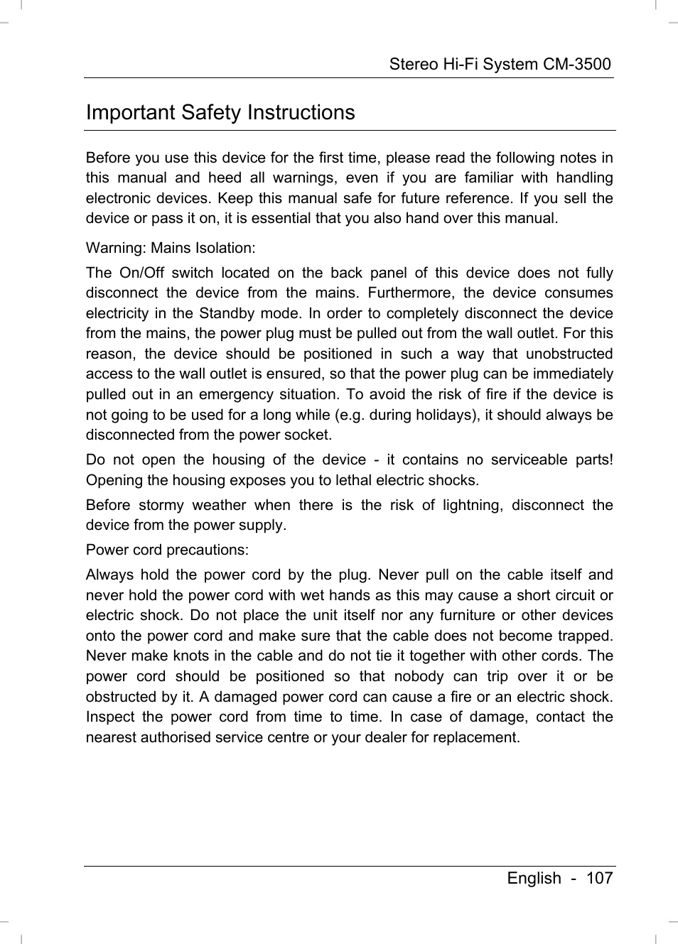 Important safety instructions | Silvercrest CM-3500 User Manual | Page 109 / 141