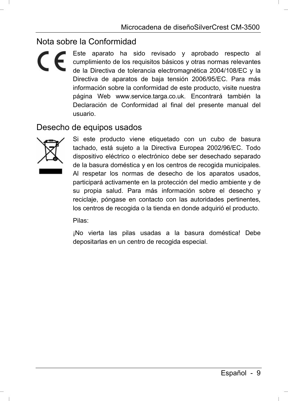 Nota sobre la conformidad, Desecho de equipos usados | Silvercrest CM-3500 User Manual | Page 11 / 141