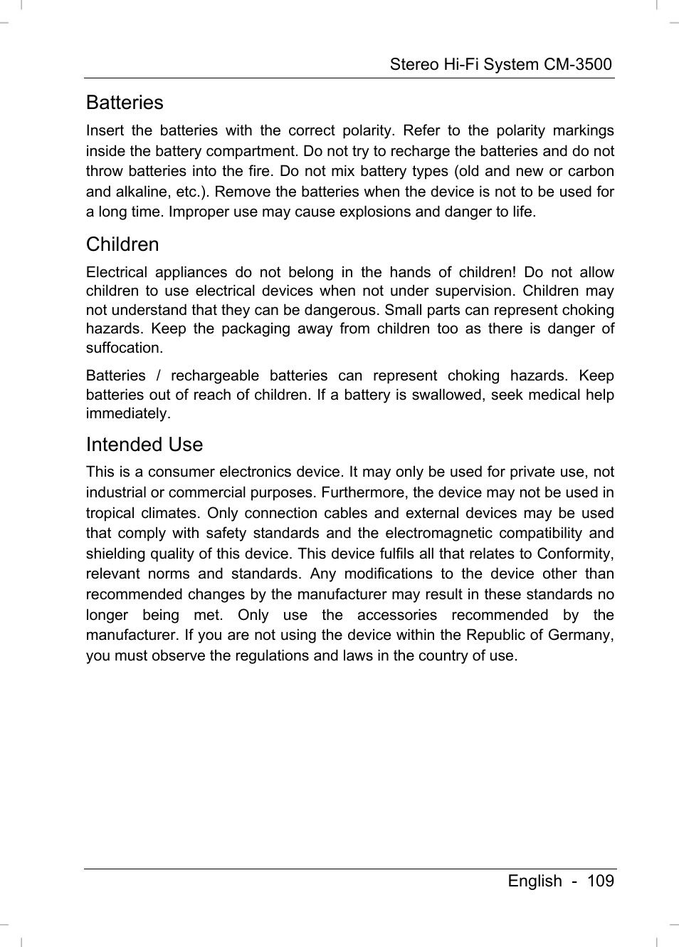 Batteries, Children, Intended use | Silvercrest CM-3500 User Manual | Page 111 / 141